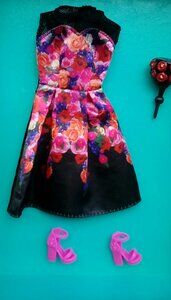 Barbie doll Black & Red flowers dress with heels